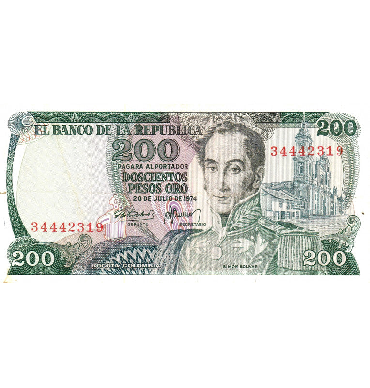 Colombia 200 Pesos Oro 1974 Pick 417a (No UNC)